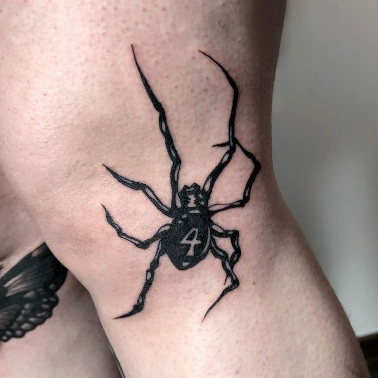 Number 4 Back Spider with Stars and Teardrop Tattoo Design