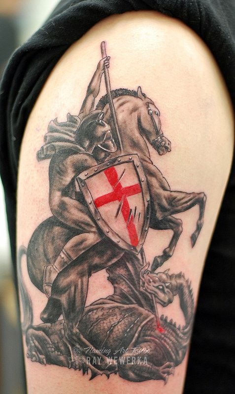 Christian Knight on Horse Tattoo with Red Cross Tattoo Design