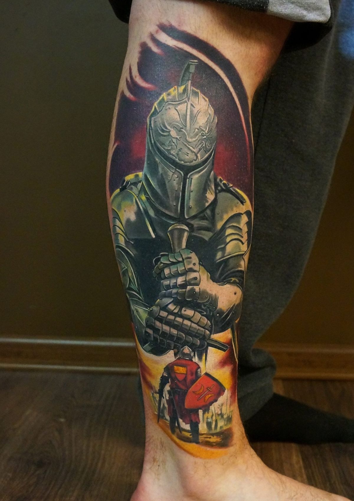 Full-Color Knight Tattoo with Epic Battle Scene Tattoo Design