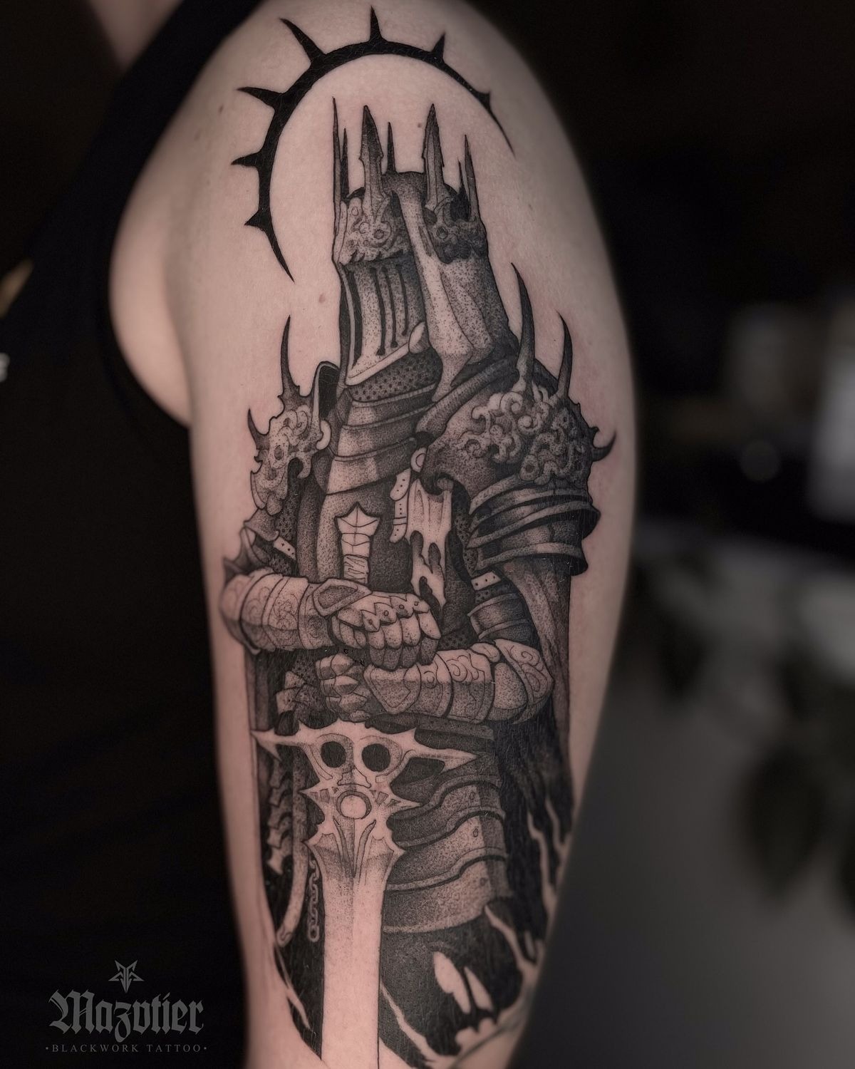 Gothic Black Knight Tattoo with Ornate Sword Tattoo Design