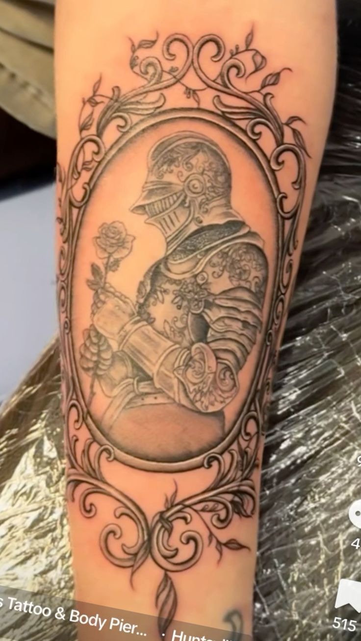 Gothic Knight Portrait with Rose Frame Tattoo Design