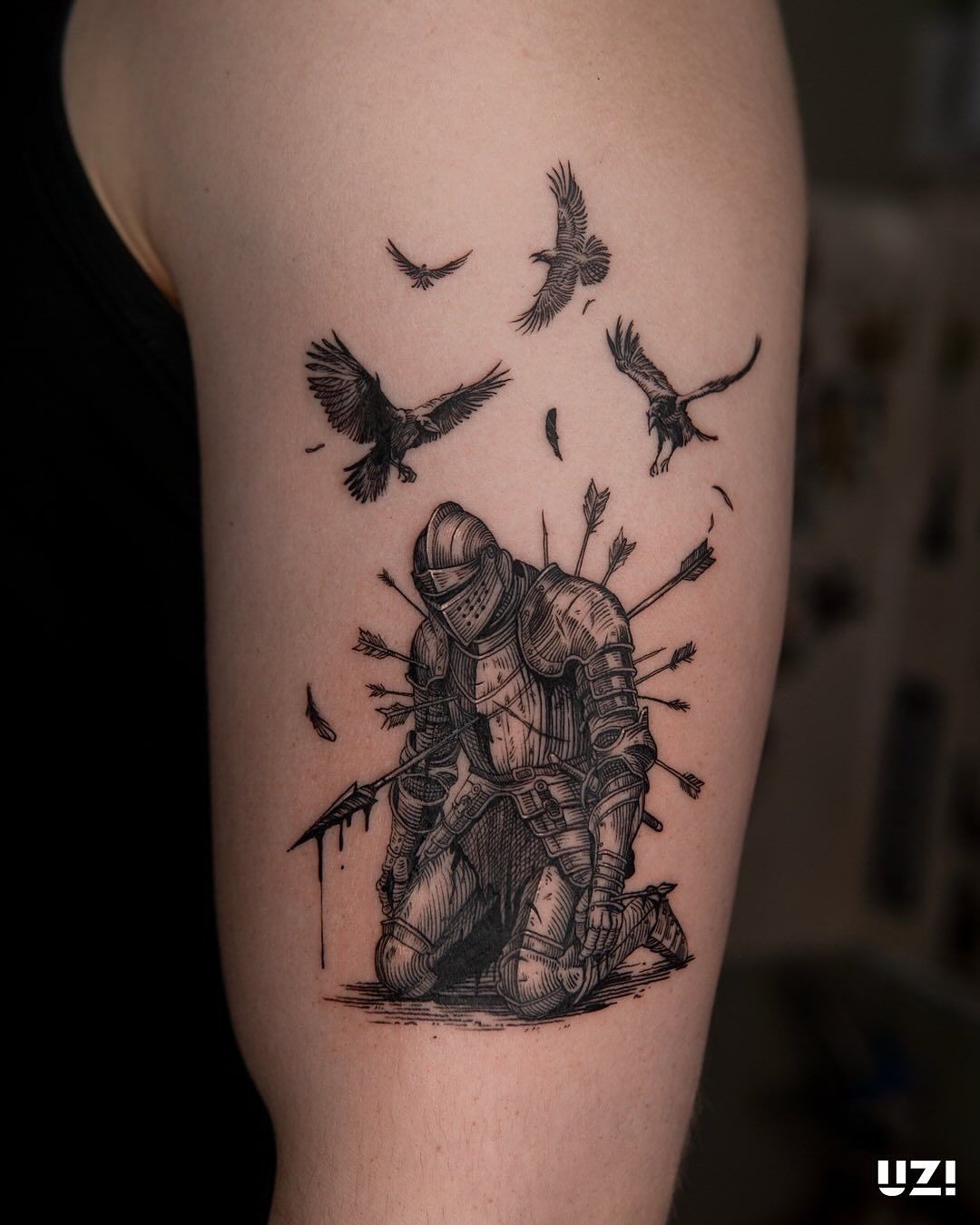 Kneeling Knight Tattoo with Ravens and Arrows Tattoo Design