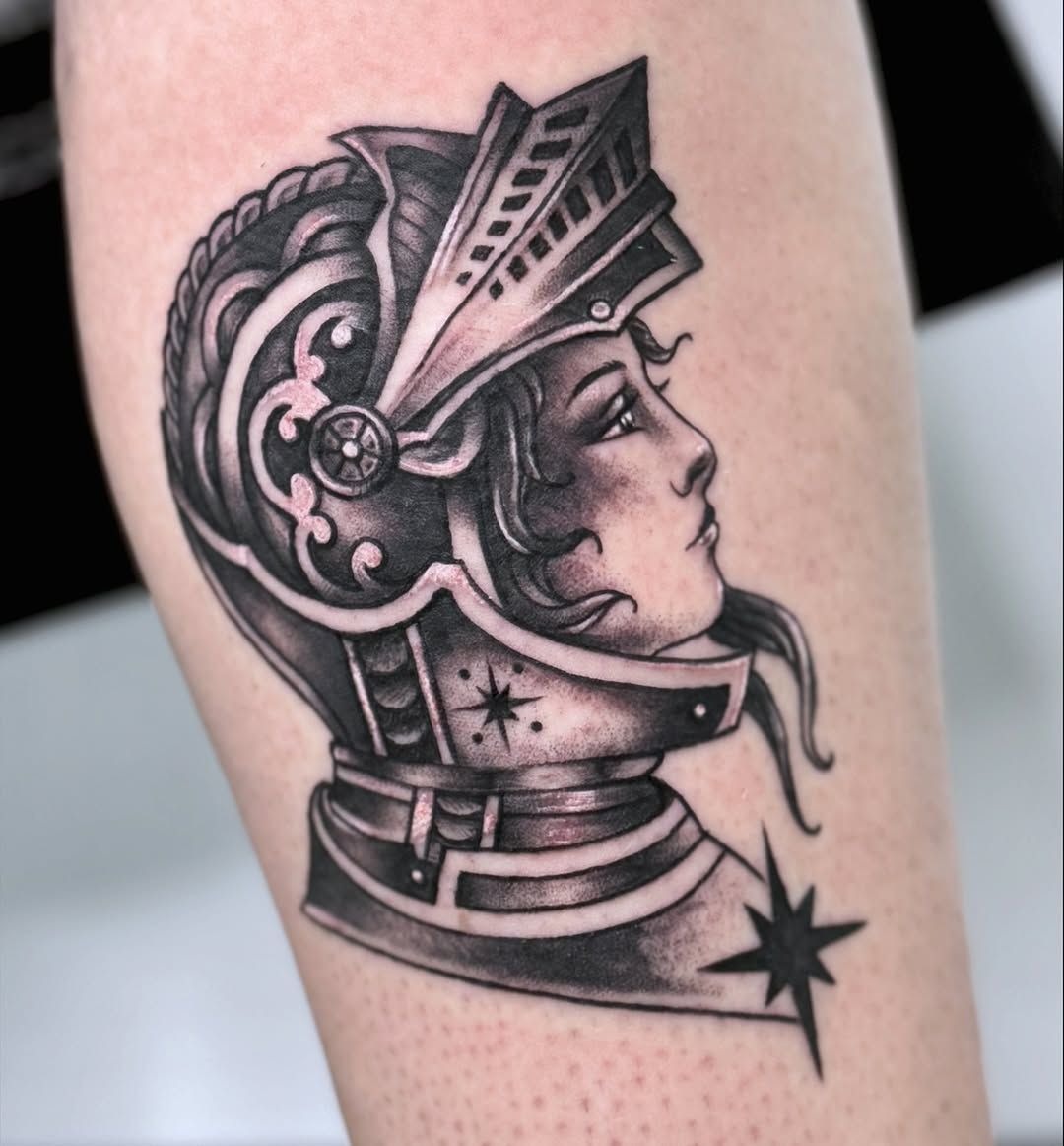 Lady Knight Profile Tattoo with Celestial Mood Tattoo Design