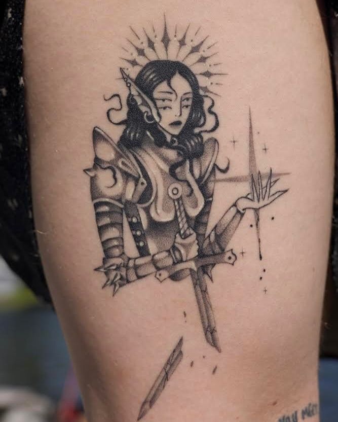 Mystical Warrior Woman with Sword Tattoo Tattoo Design