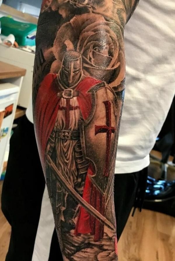 Trad Knight Sleeve Tattoo with Red Accents Tattoo Design