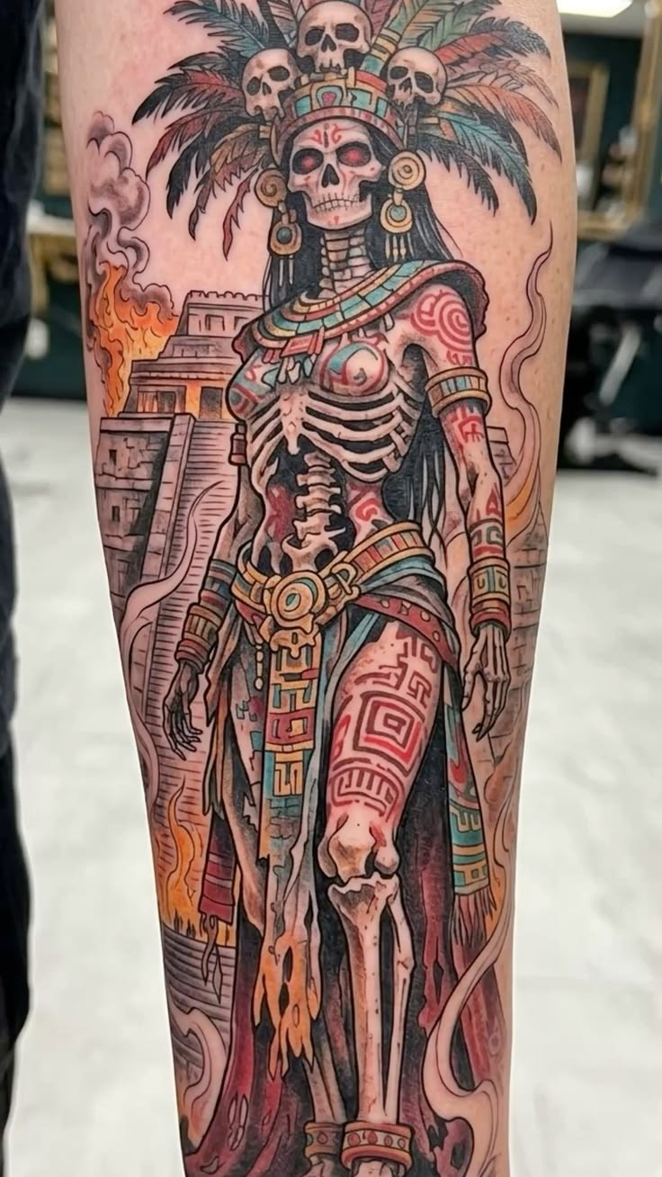 Aztec-Inspired Santa Muerte Color Tattoo, a tattoo design rendered in geometric for the back.