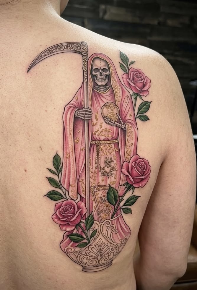 Color Santa Muerte Back Tattoo With Pink Robe, a tattoo design rendered in bold.