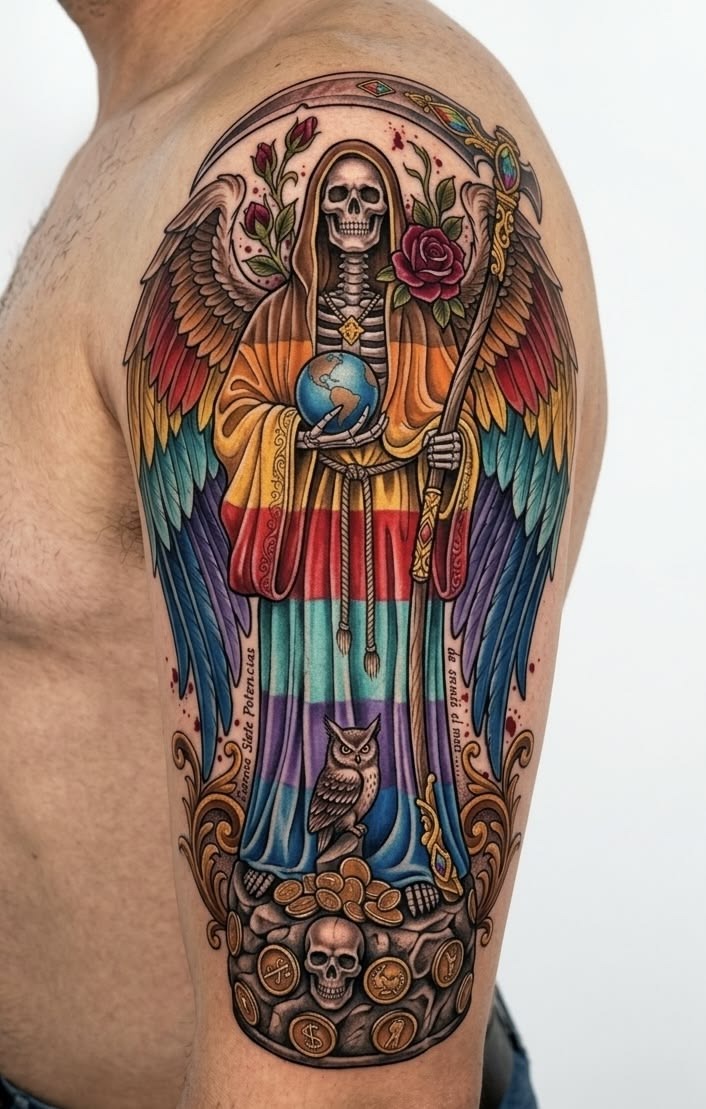Colorful Winged Santa Muerte Shoulder Tattoo, a tattoo design rendered in clean detailed linework.
