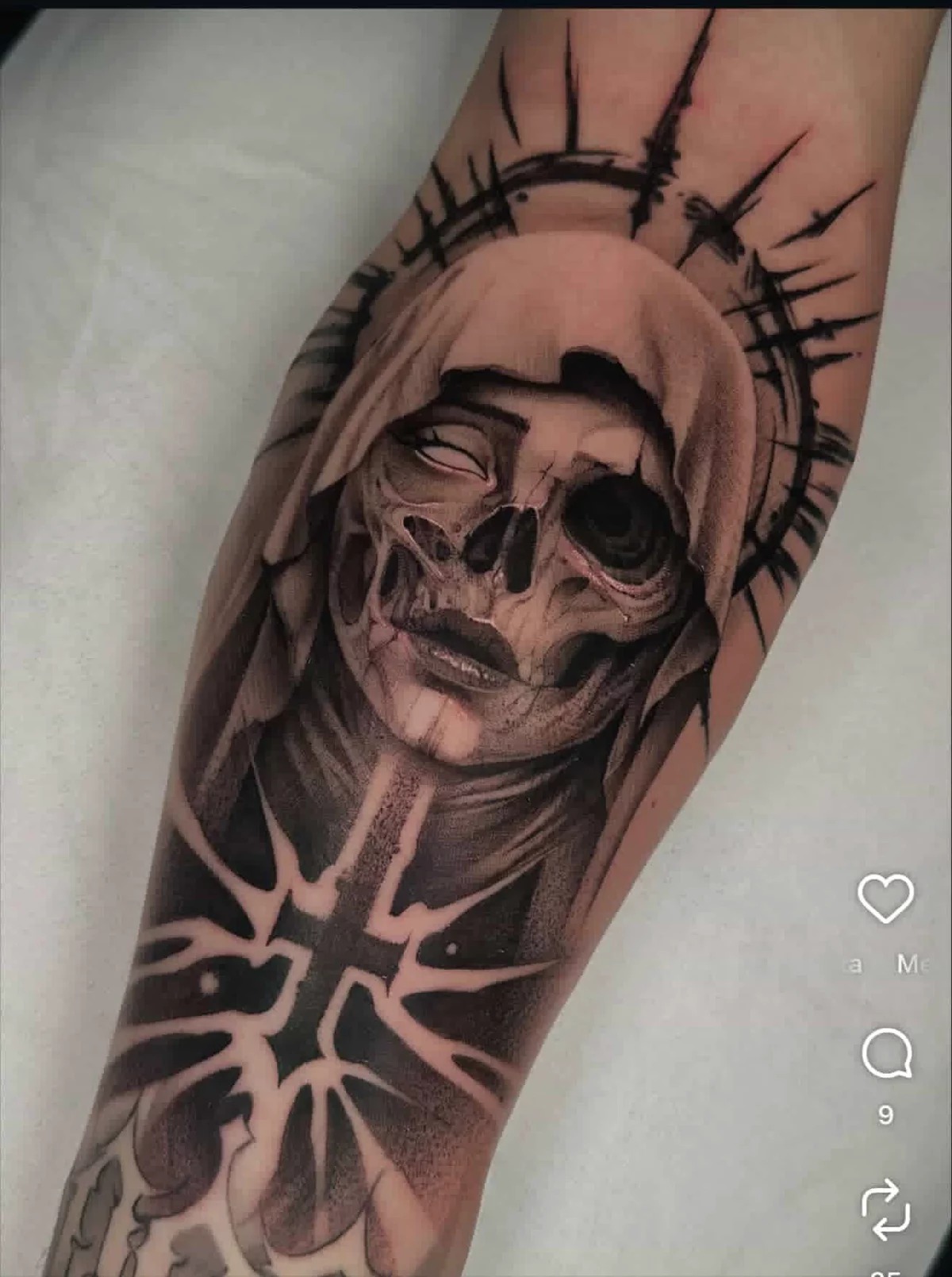 Dark Santa Muerte Portrait Tattoo With Broken Halo, a tattoo design rendered in blackwork.