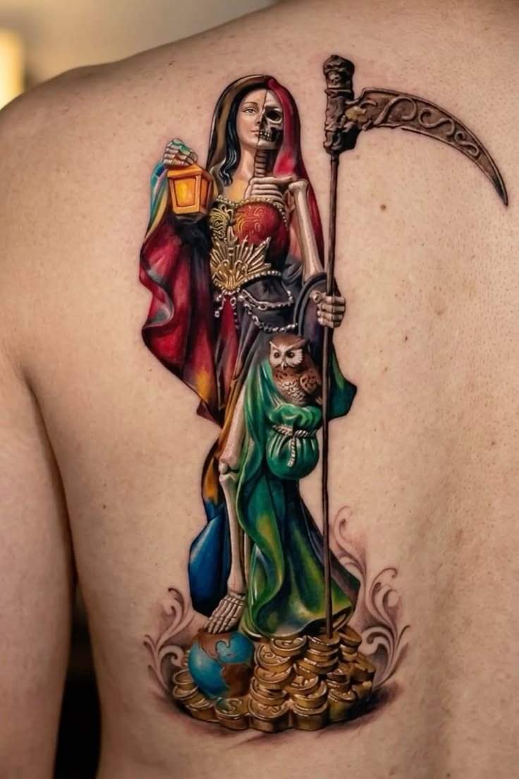Half-Skeleton Santa Muerte Back Tattoo, a tattoo design rendered in clean detailed linework.