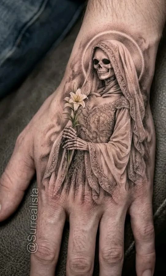 Realistic Santa Muerte Hand Tattoo With Lily, a tattoo design rendered in clean detailed linework.