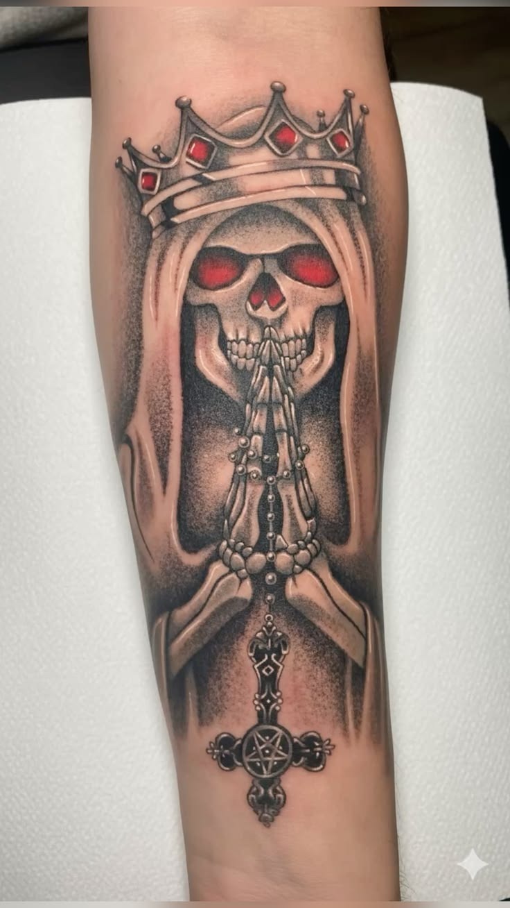 Red-Eyed Crowned Santa Muerte Forearm Tattoo, a tattoo design rendered in bold for the hand.