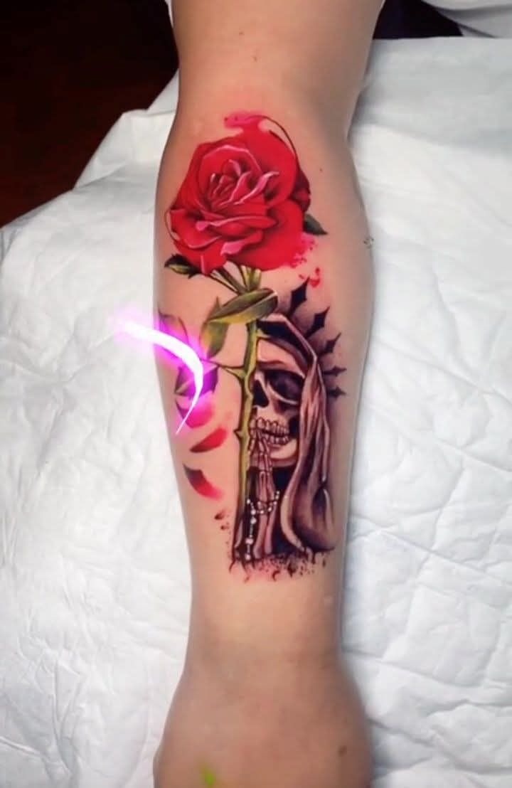 Red Rose Santa Muerte Calf Tattoo, a tattoo design rendered in clean detailed linework.
