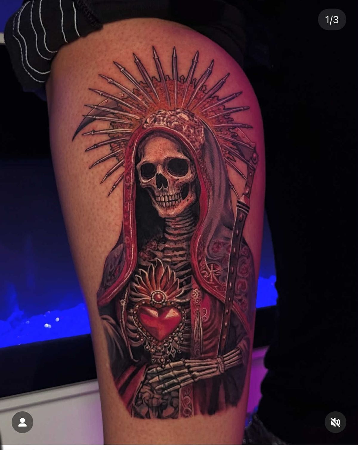Red Santa Muerte Thigh Tattoo With Sacred Heart, a tattoo design rendered in clean detailed linework for the back.