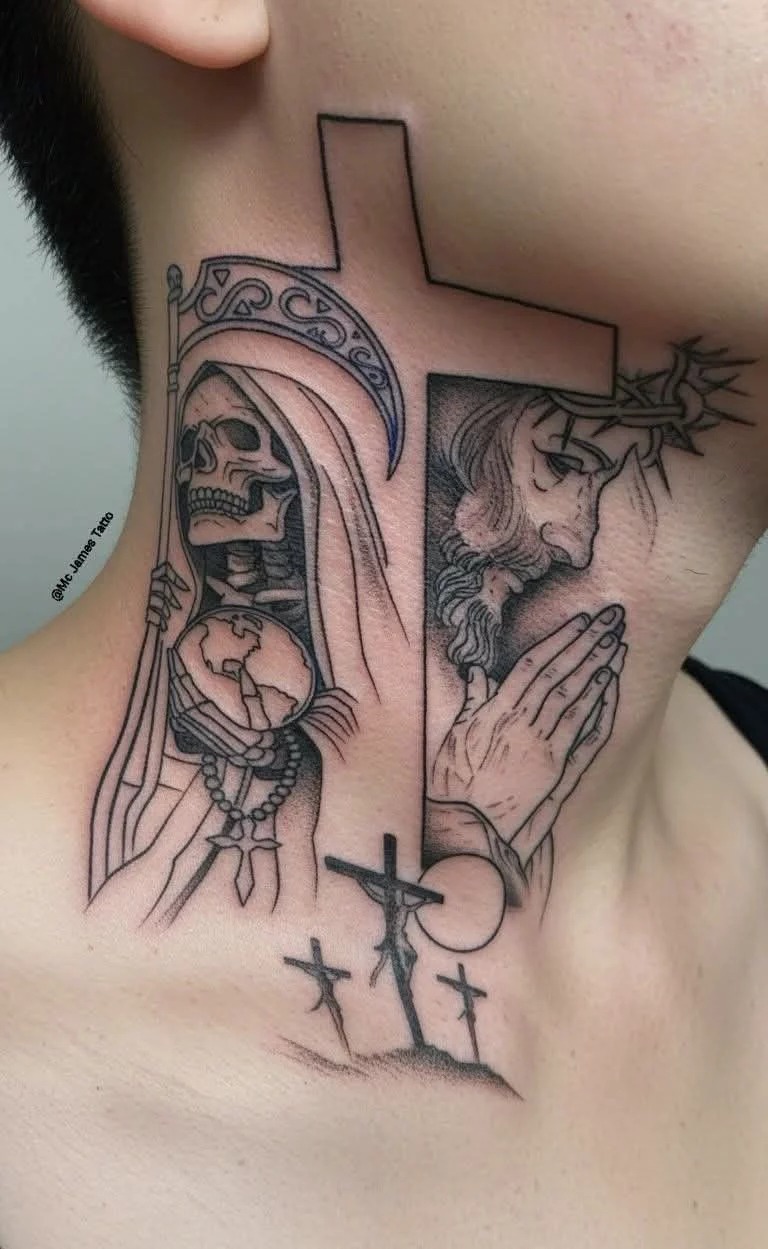 Santa Muerte Neck Tattoo With Cross And Praying Figure, a tattoo design rendered in bold.