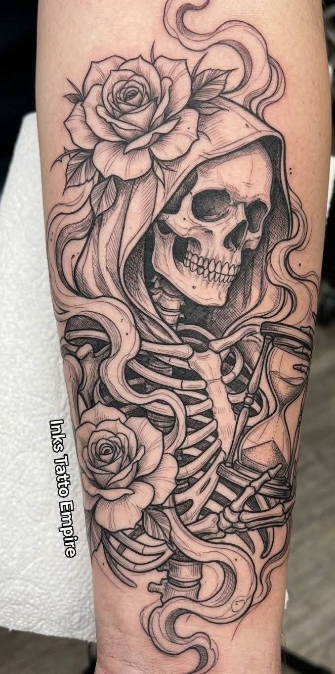 Santa Muerte Tattoo With Roses And Hourglass, a tattoo design rendered in clean detailed linework.