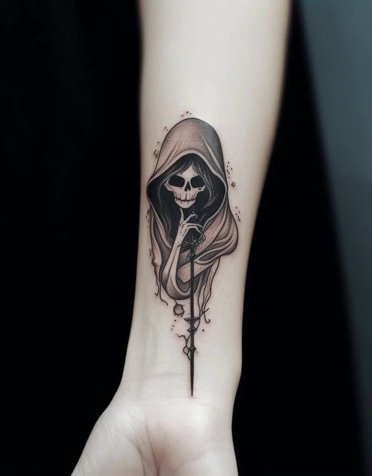Small Simple Santa Muerte Wrist Tattoo, a tattoo design rendered in dotwork for the sleeve.