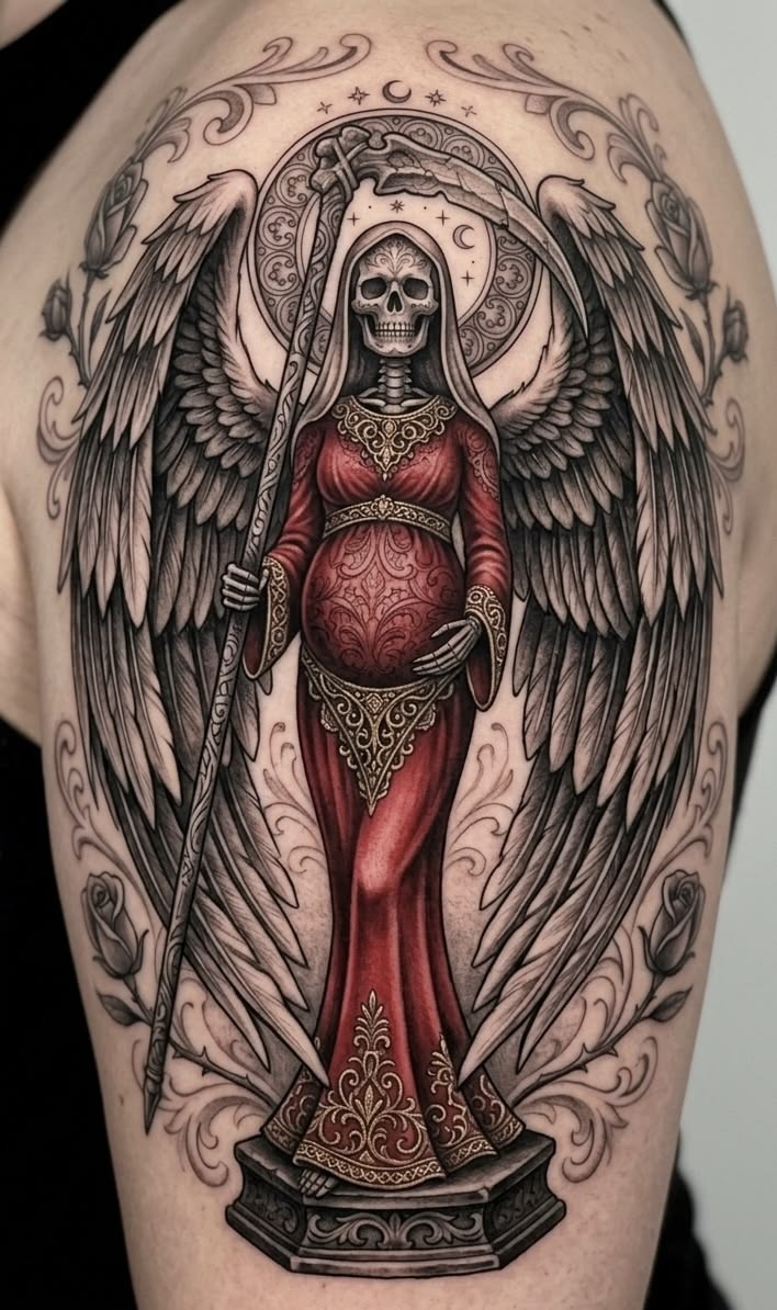 Winged Santa Muerte Tattoo In Red Dress, a tattoo design rendered in clean detailed linework for the leg.