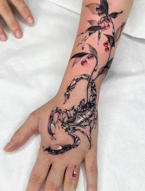 Botanical Scorpion Hand Tattoo Tattoo Design