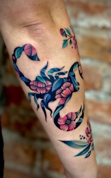 Floral Blue and Pink Scorpion Tattoo Tattoo Design