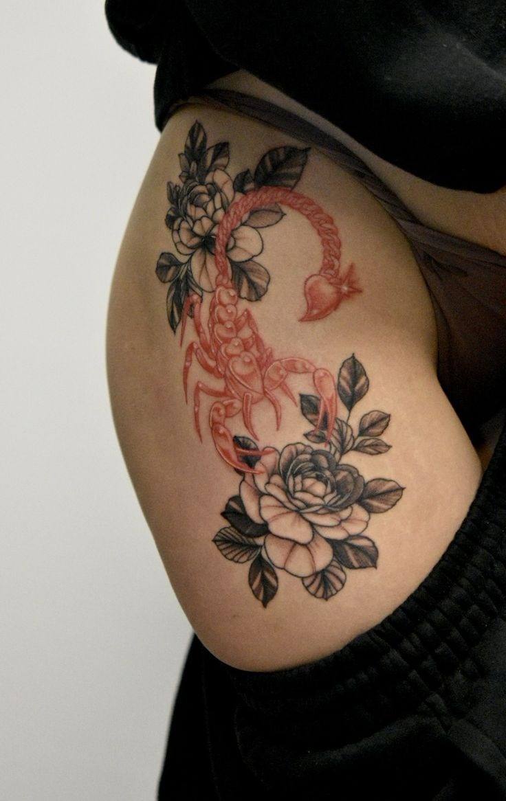 Floral Red Scorpio Hip Tattoo Tattoo Design