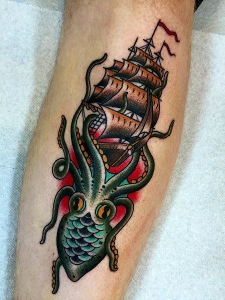 Kraken and Traditional Pirate Ship Tattoo Tattoo Design