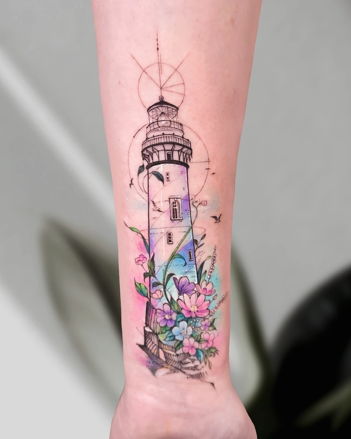 Lighthouse and Floral Nautical Tattoo Tattoo Design