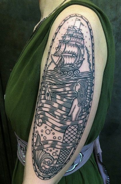 Mermaid and Traditional Ship Sleeve Tattoo Tattoo Design