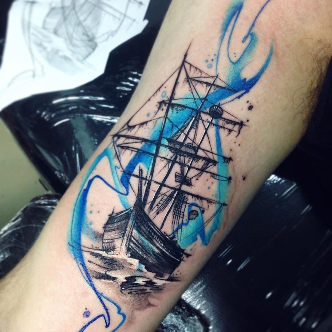 Minimalist Blue Sailing Ship Tattoo Tattoo Design