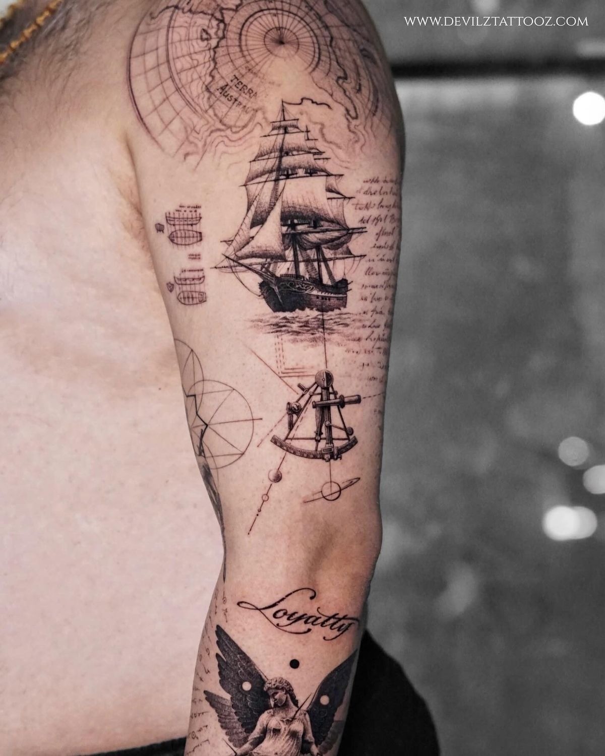 Nautical Map and Clipper Ship Tattoo Tattoo Design
