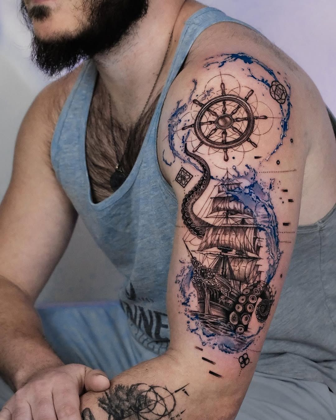 Navy Compass and Sailing Ship Sleeve Tattoo Design