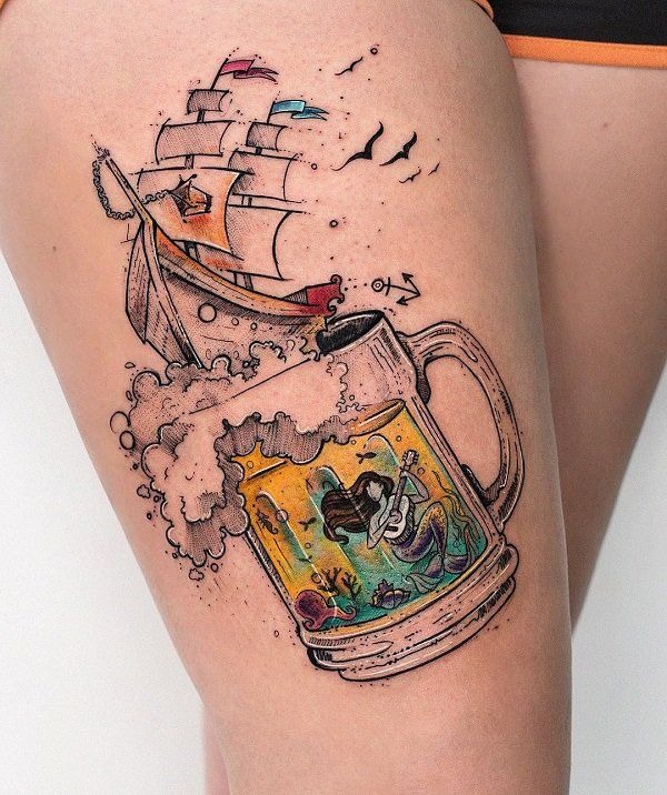 Navy Compass and Tall Ship Sleeve Tattoo Design