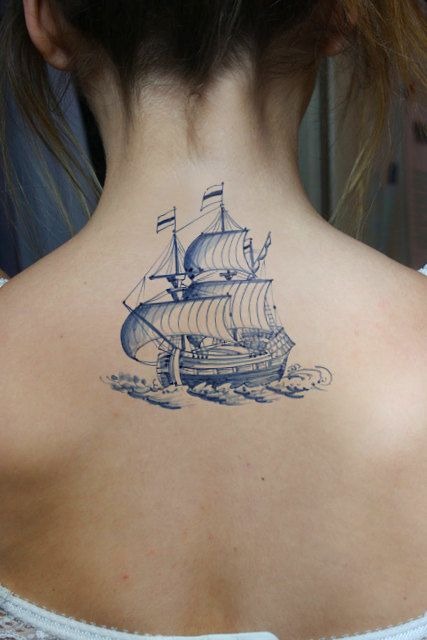 Simple Blue Linework Back Ship Tattoo Tattoo Design