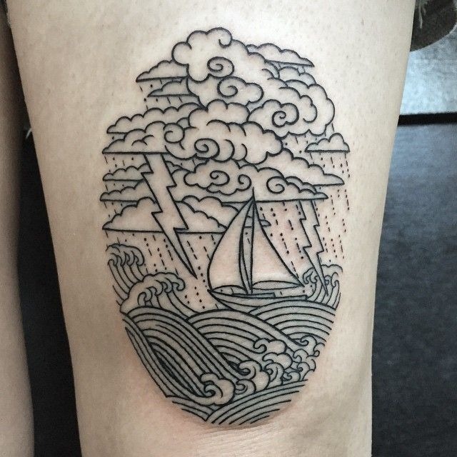 Stormy Sailing Ship and Lightning Tattoo Tattoo Design