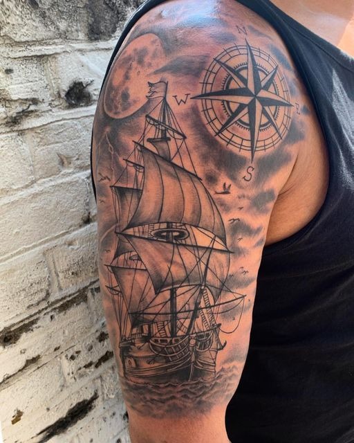 Traditional Clipper and Kraken Storm Scene Tattoo Design