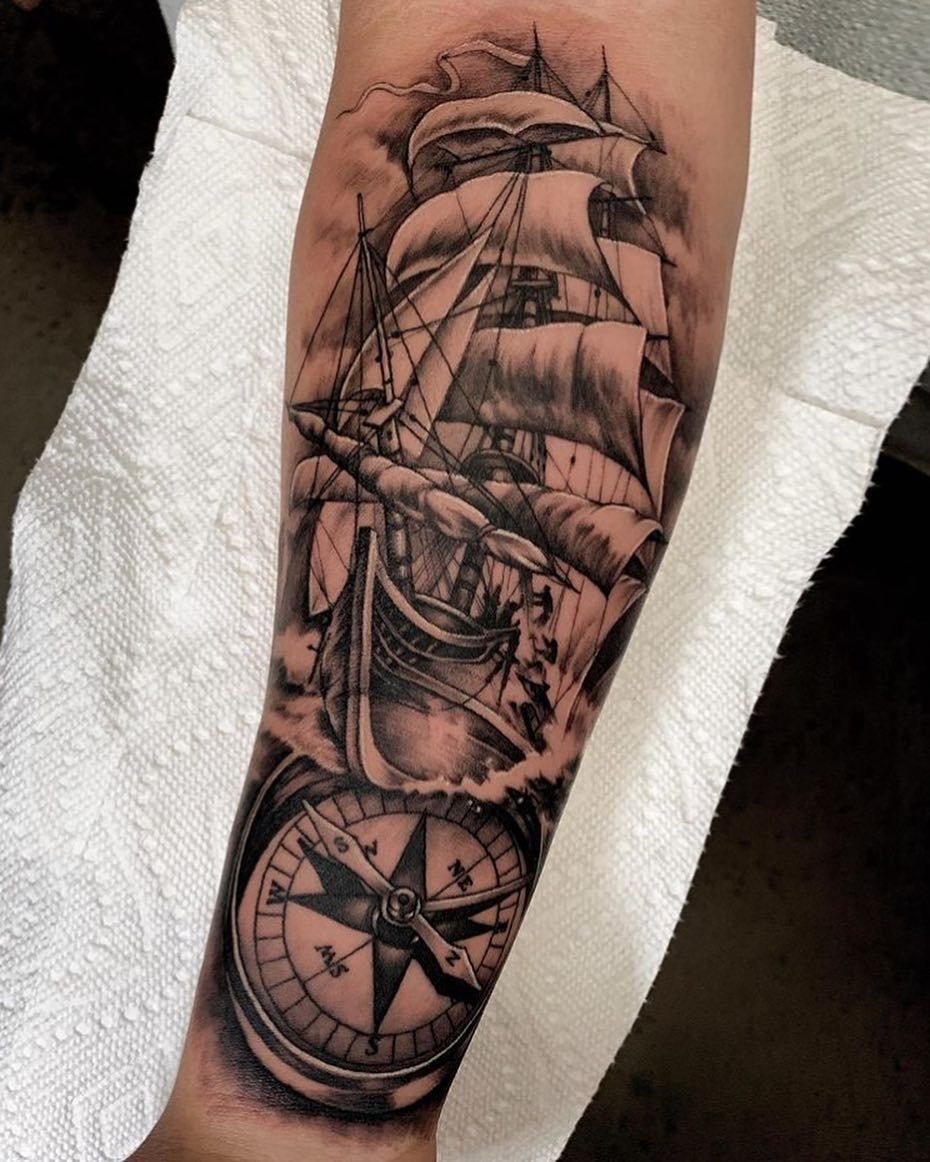 Traditional Pirate Ship Sleeve Tattoo Design