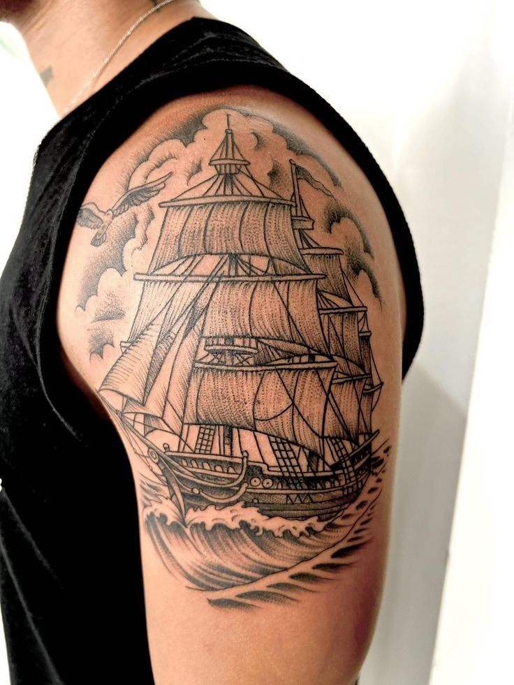 Traditional Tall Ship Shoulder Tattoo Tattoo Design
