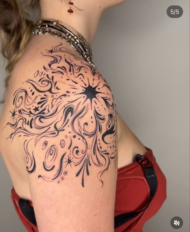 Abstract Cybersigilism Shoulder Tattoo, a tattoo design rendered in clean detailed linework.