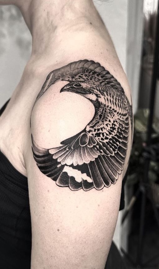 Black Bird Circular Shoulder Tattoo, a tattoo design rendered in clean detailed linework.