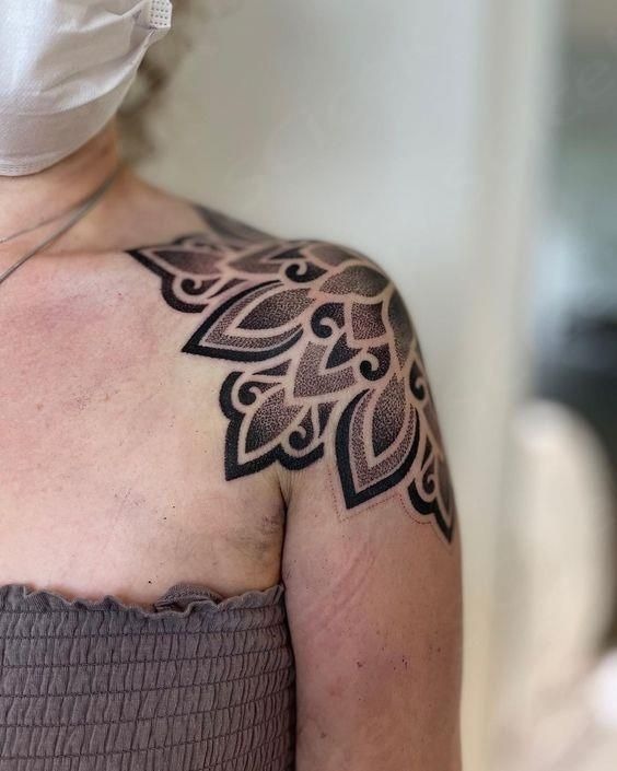 Bold Ornamental Mandala Shoulder Design, a tattoo design rendered in bold.