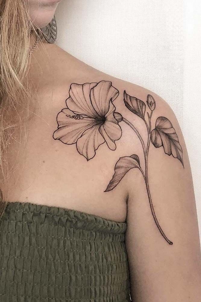 Fine Line Hibiscus Shoulder Tattoo, a tattoo design rendered in fine-line.