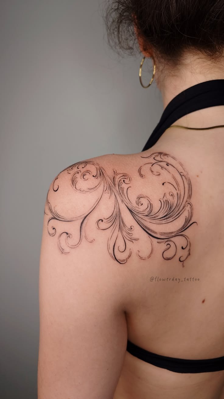 Fine Line Ornamental Shoulder Swirls, a tattoo design rendered in fine-line.