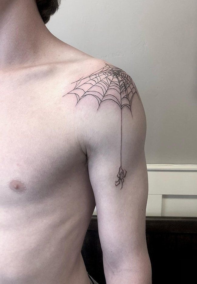 Fine Line Spider Web Shoulder Tattoo, a tattoo design rendered in delicate fine-line.