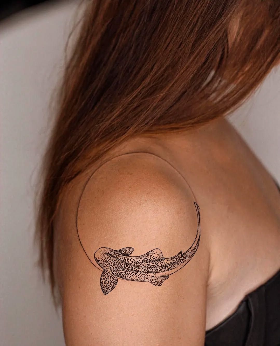 Fine Line Whale Shark Shoulder Tattoo, a tattoo design rendered in fine-line.
