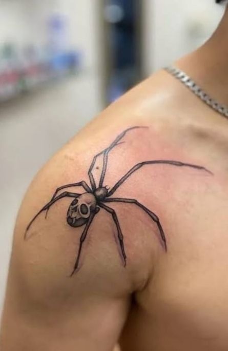 Realistic Spider Shoulder Tattoo, a tattoo design rendered in clean detailed linework.