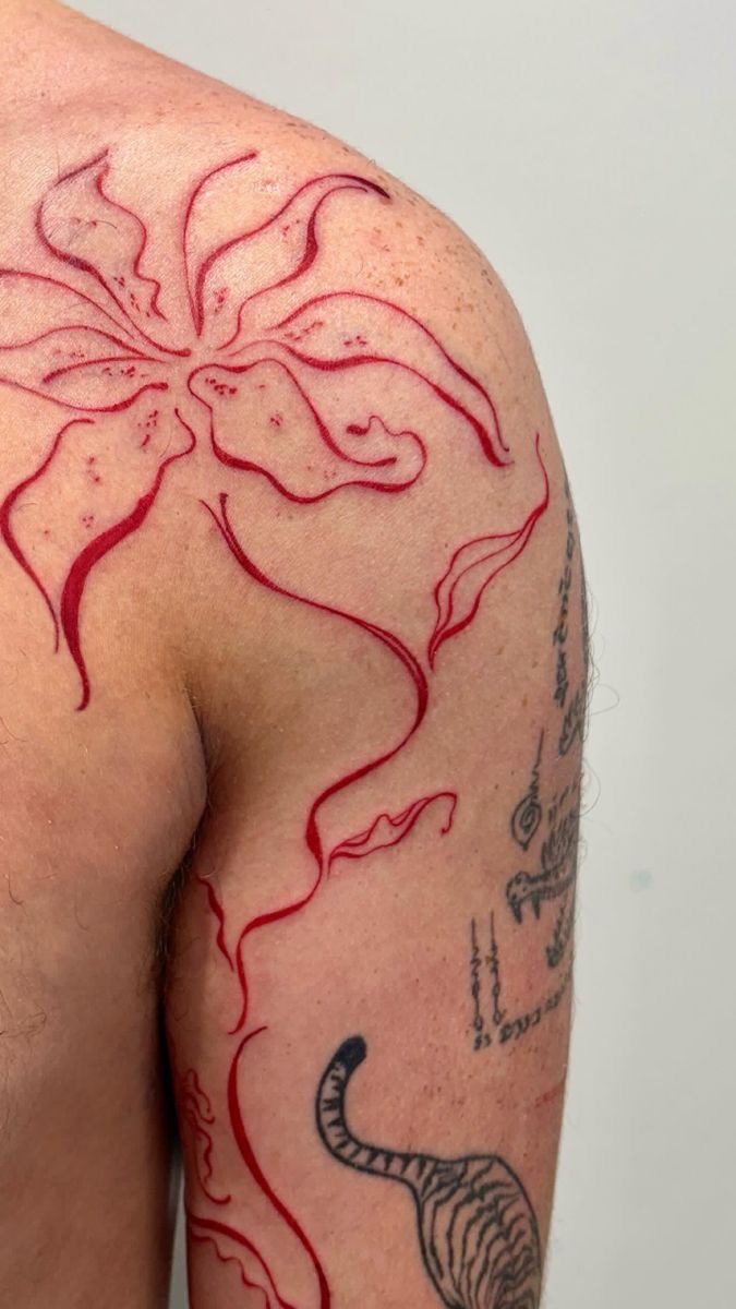 Red Abstract Floral Shoulder Tattoo, a tattoo design rendered in clean detailed linework.