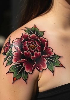 Rich Red Peony Shoulder Tattoo, a tattoo design rendered in bold traditional.
