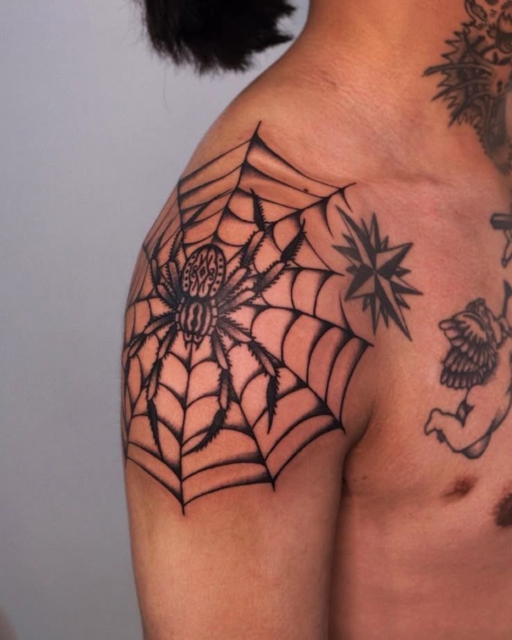 Spider and Web Shoulder Cap Tattoo, a tattoo design rendered in bold.