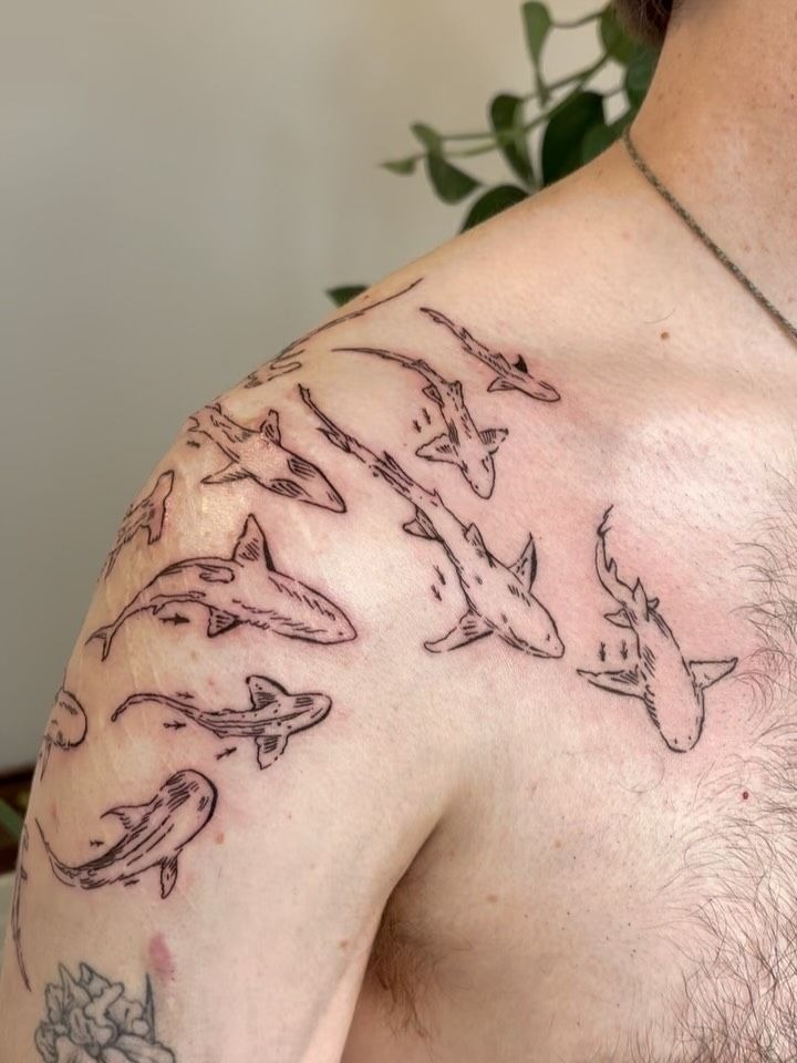 Swimming Shark Shoulder Tattoo, a tattoo design rendered in bold traditional.
