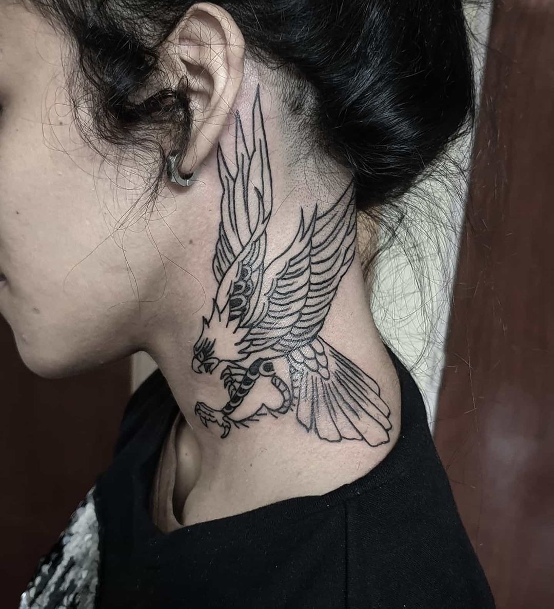 Large Winged Hawk Outline Tattoo Design